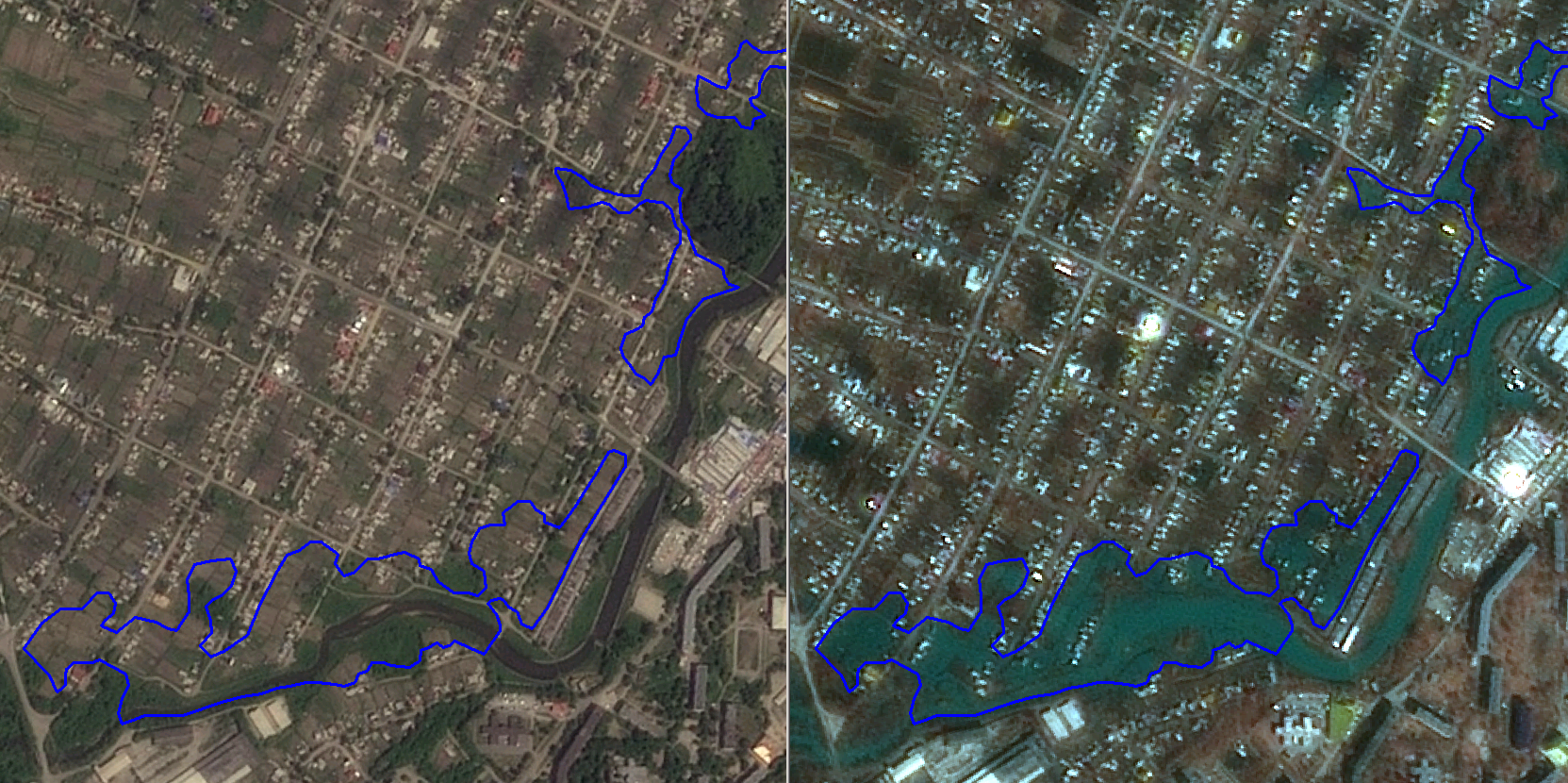 Подтопленные участки территории г.Спасск-Дальний детектированные по снимку SPOT-7. Слева: состояние территории до половодья, справа: состояние территории на 01.04.2015.