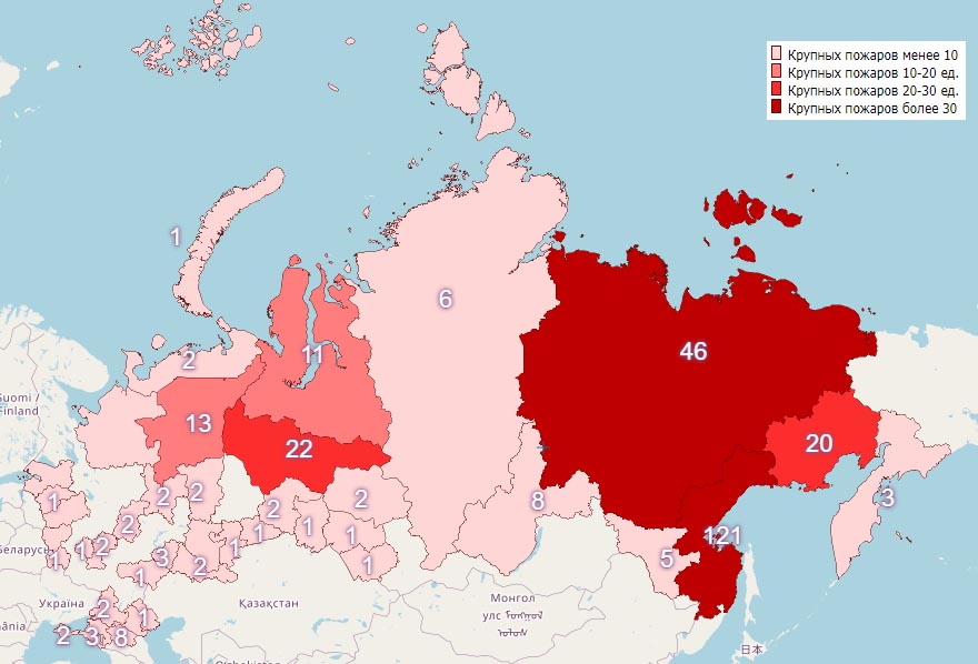 Рис. 9. Карта пожарной обстановки РФ за 22 июля 2022 г. 