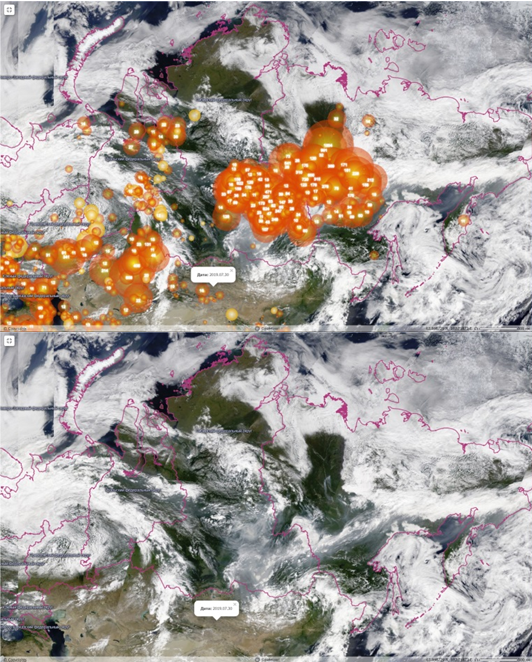 Рис. 14. 30 июля 2019 года (сверху — термоточки, снизу — карта распространения дыма)
