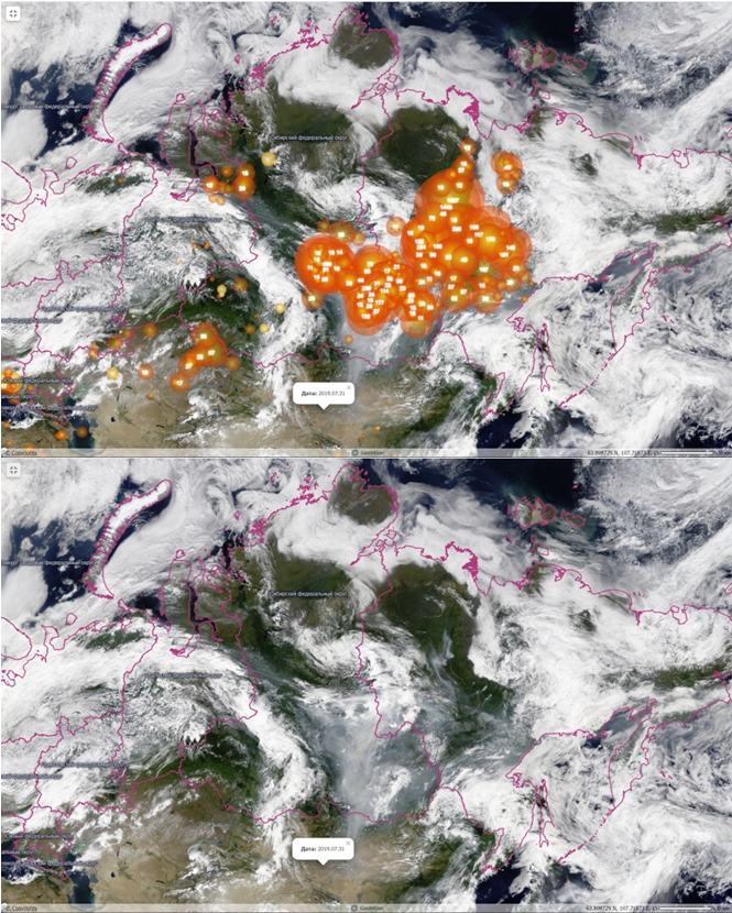 Рис.15. 31 июля 2019 года (сверху — термоточки, снизу — карта распространения дыма )